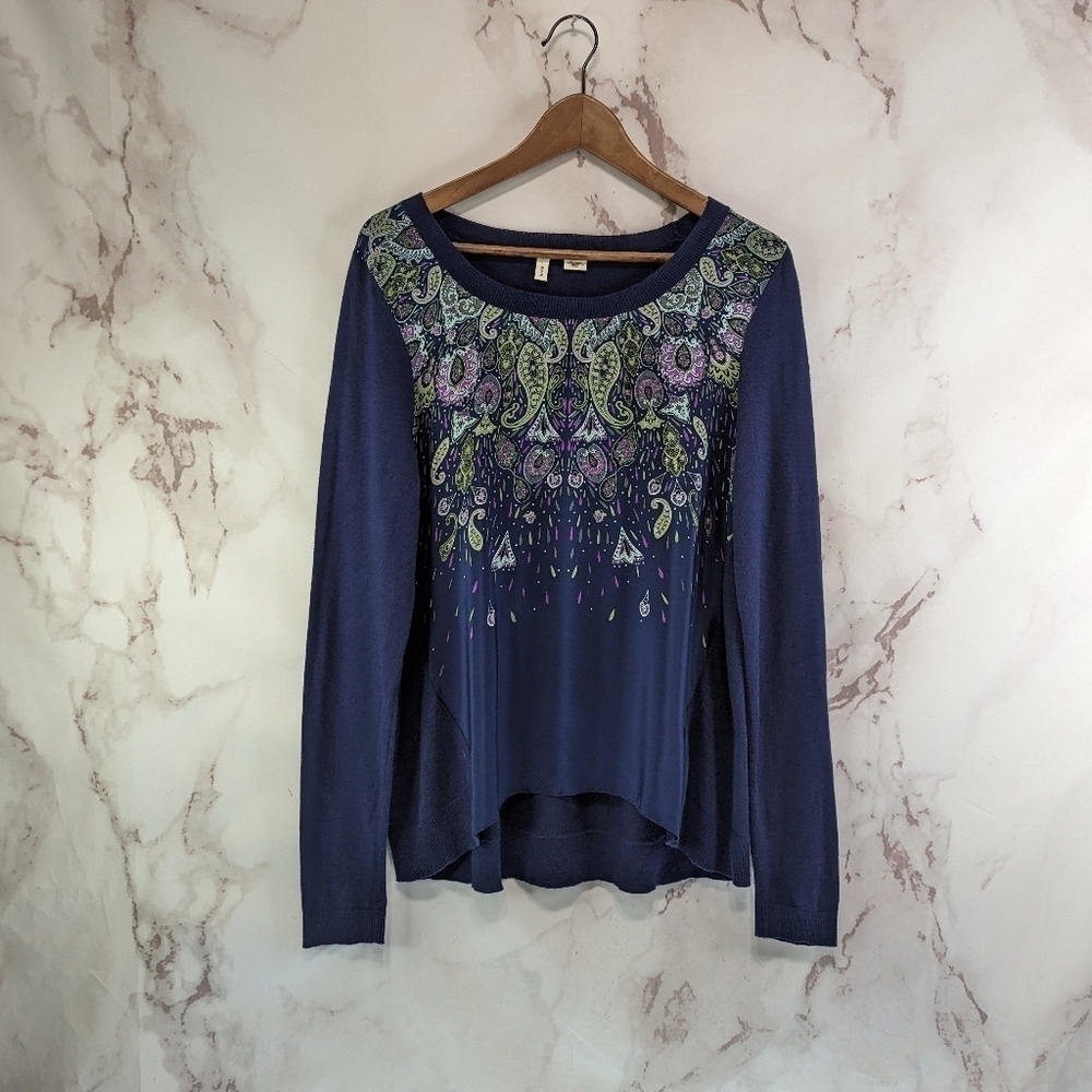 Anthropologie Shirt Womens Large Blue Green Purple Silk Paisley Snapshot Moth